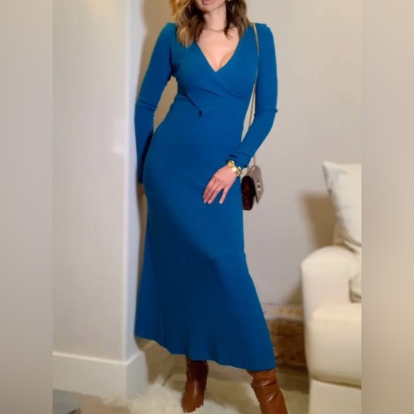 Tome Runway Teal Ribbed Merino Wool V Neck Long Sleeve Maxi Dress Size Medium - Picture 14 of 15